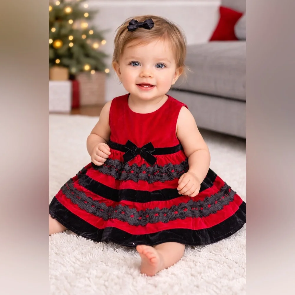 The Children’s Place Baby Girl 6-9M Red Black Velvet Holiday Dress |‎ Christmas